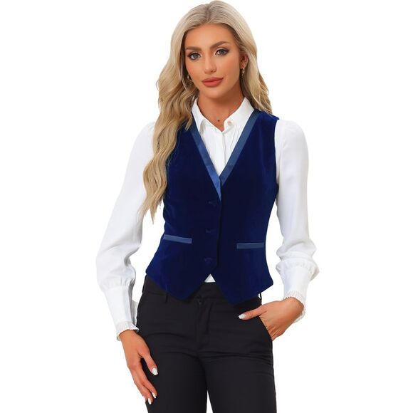 Velvet Suit Waistcoat Retro Sleeveless Steampunk Blazer Dressy Vest Dark Blue - Picture 1 of 6